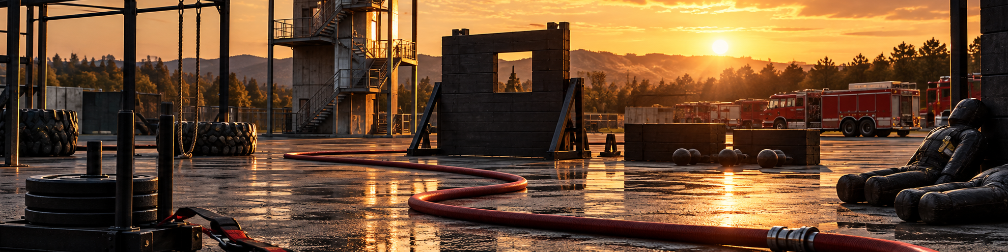 Firefighter training obstacle course at sunset